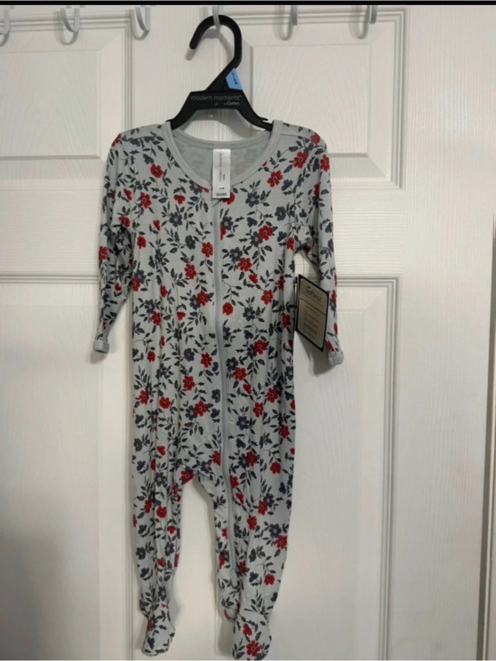 Baby Floral Footed One-Piece Pajamas in Light Gray and Red